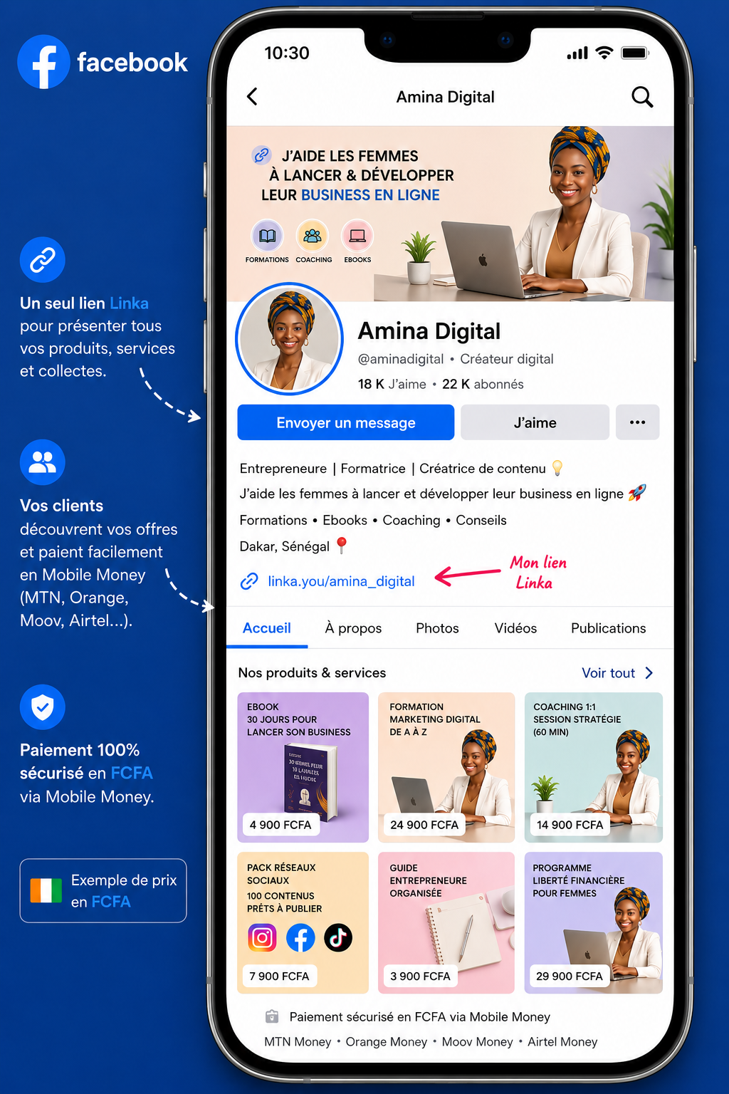Page Facebook avec lien Linka et catalogue produits