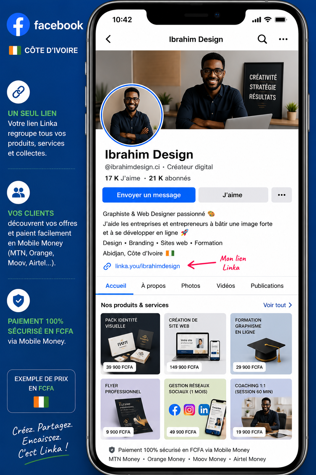 Page Facebook Côte d'Ivoire avec catalogue Linka