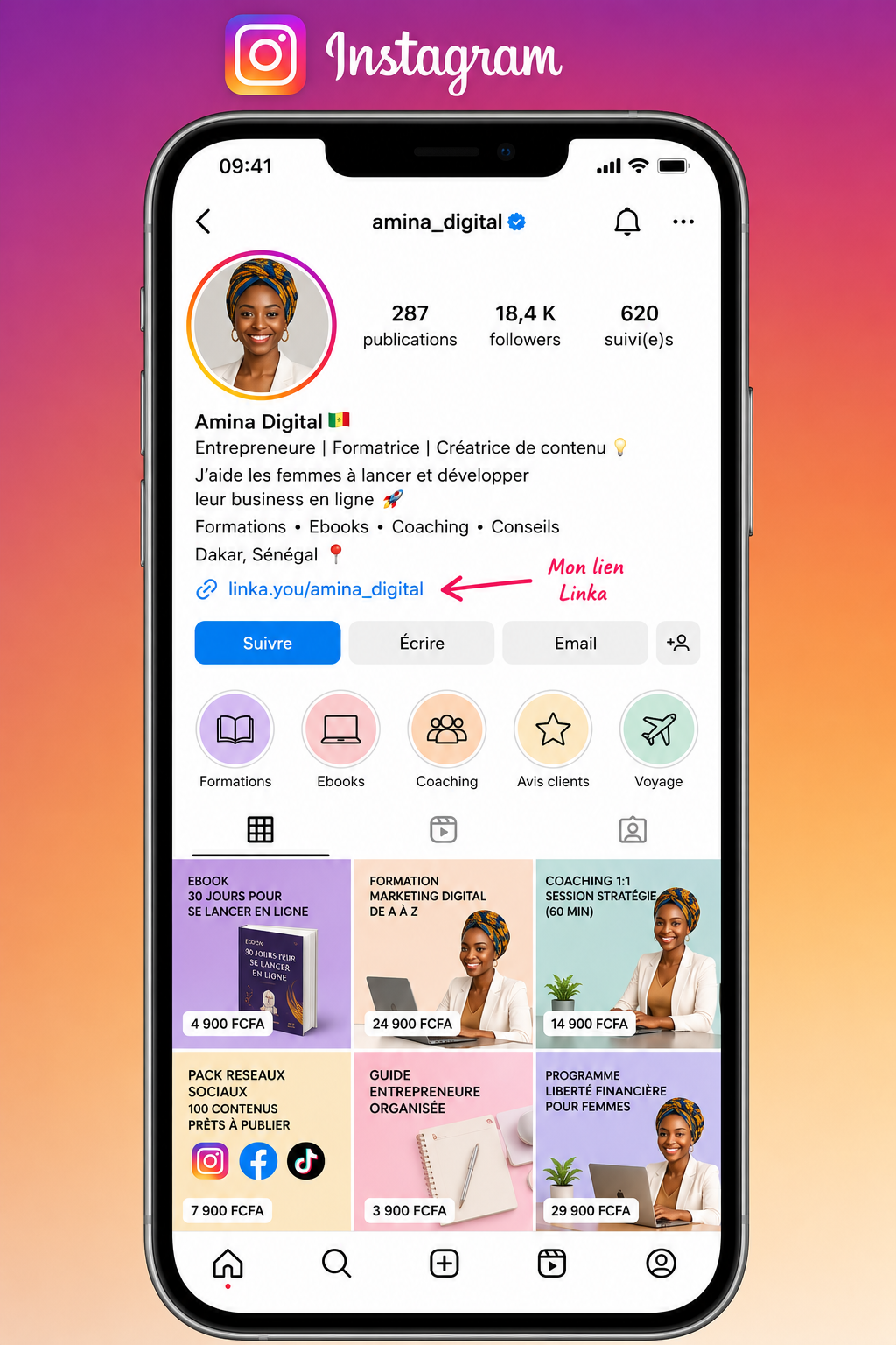 Profil Instagram avec lien Linka et grille de produits