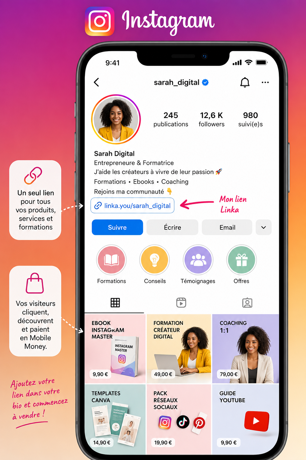 Profil Instagram avec produits en EUR