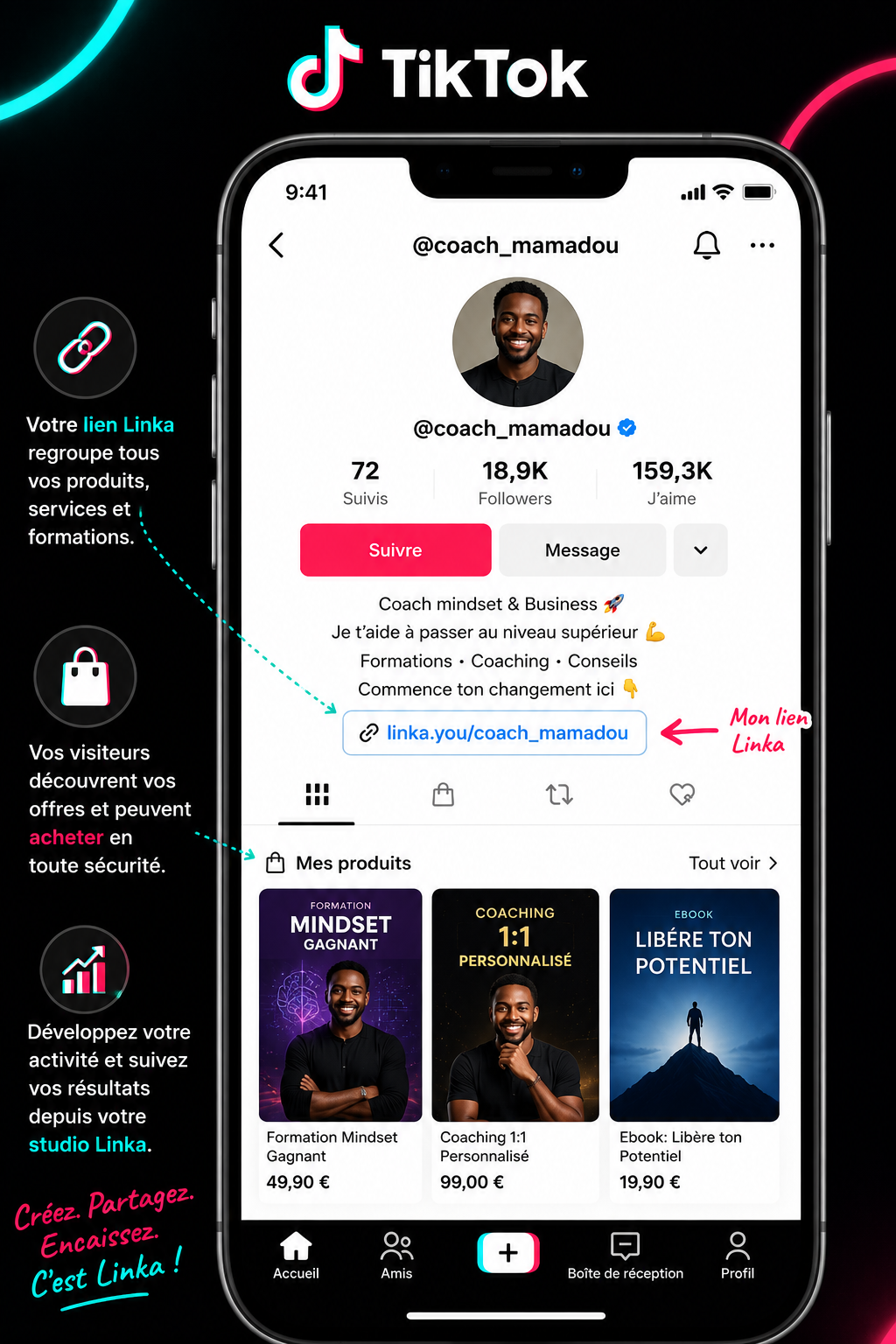 Profil TikTok avec lien Linka et produits en EUR