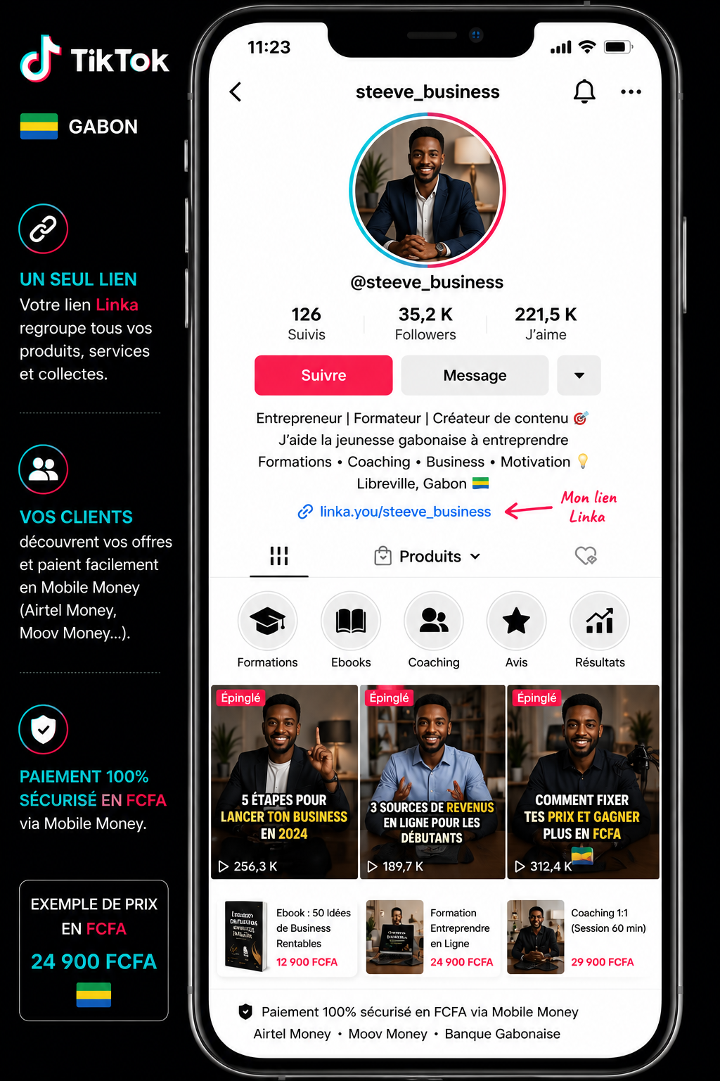Profil TikTok Gabon avec produits en FCFA